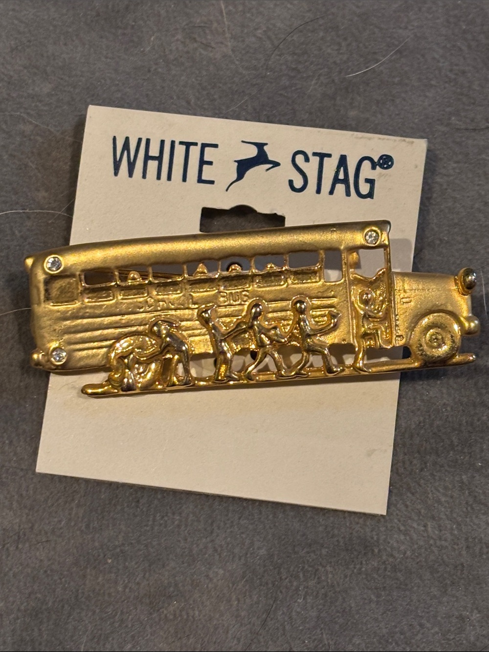 White Stag Gold-tone School Bus Pin with Rhinestone Accents